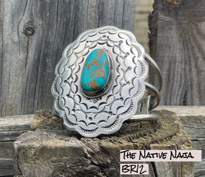 Large Navajo Genuine Sterling Silver & Kingman Turquoise Concho Cuff Bracelet BR12