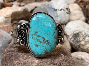 Large Stone Navajo Sterling Silver & Kingman Turquoise Scroll Cuff Bracelet BR13