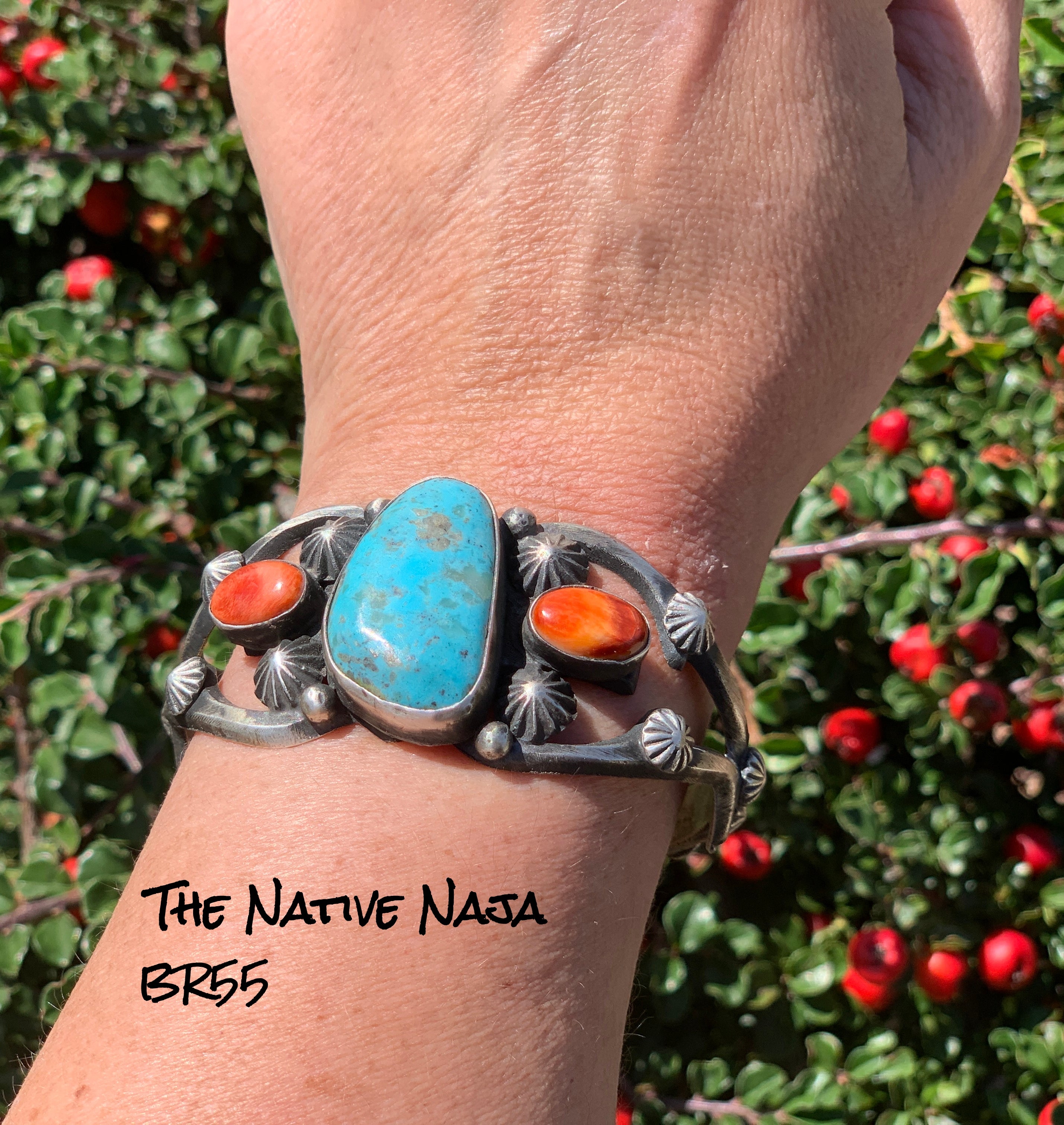 Navajo Chimney Butte Sterling Silver Spiny Oyster & Kingman Turquoise Cuff Bracelet BR55