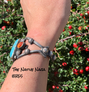Navajo Chimney Butte Sterling Silver Spiny Oyster & Kingman Turquoise Cuff Bracelet BR55