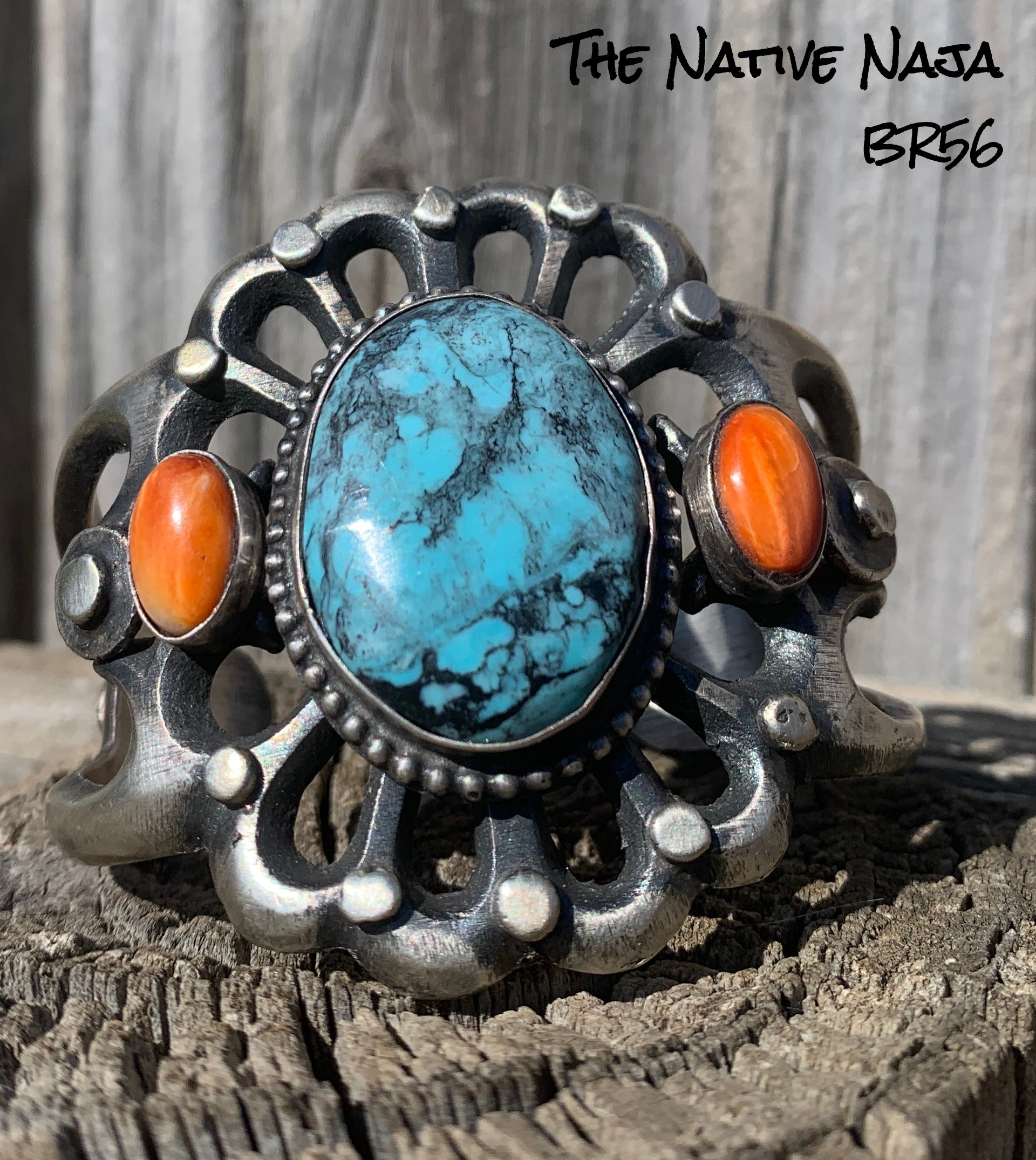 Navajo Chimney Butte Sandcast Sterling Silver, Spiny Oyster & Kingman Turquoise Cuff Bracelet BR56