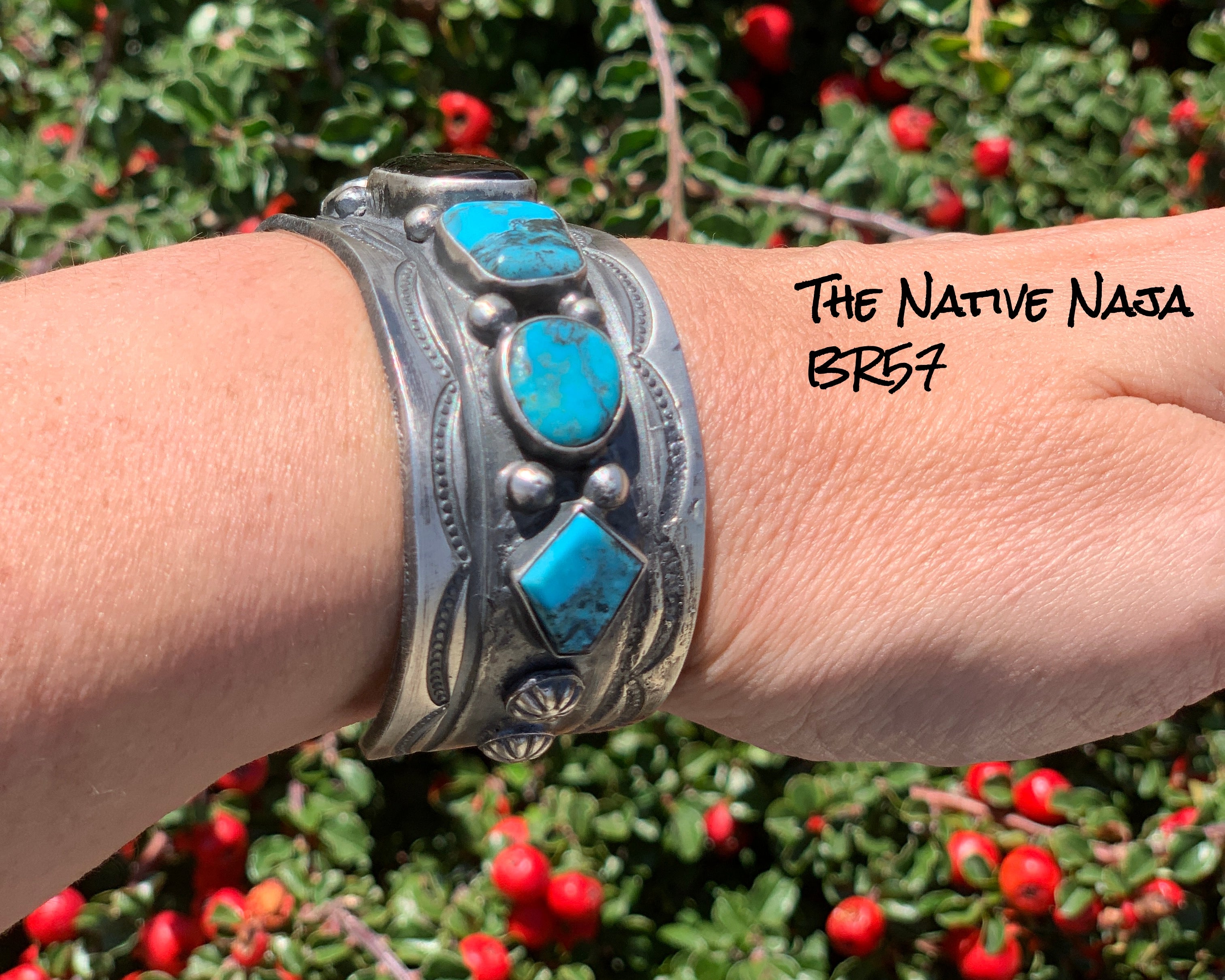 Navajo Chimney Butte Sterling Silver, Black Onyx & Kingman Turquoise Cuff Bracelet BR57