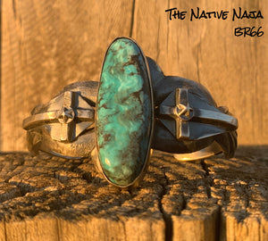Navajo Chimney Butte Sterling Silver & Kingman Turquoise Crosses Stars Cuff Bracelet BR66