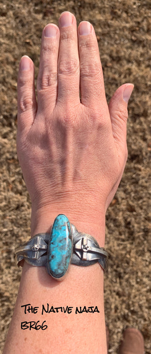 Navajo Chimney Butte Sterling Silver & Kingman Turquoise Crosses Stars Cuff Bracelet BR66