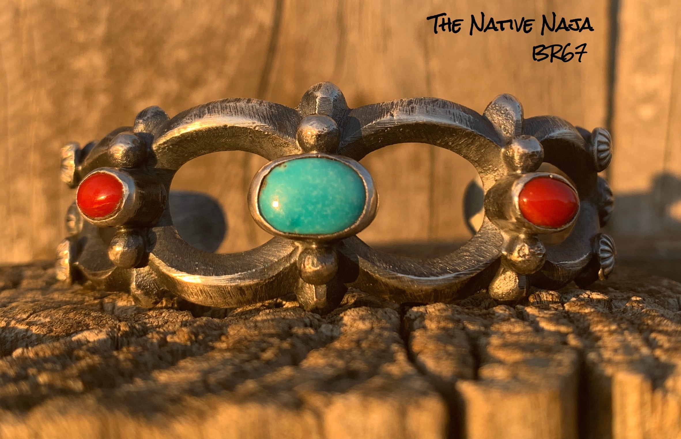 Navajo Chimney Butte Kingman Turquoise, Coral & Sterling Silver Sandcast Cuff Bracelet BR67
