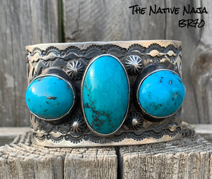 Navajo Chimney Butte LRG 3 Stone Turquoise & Sterling Silver Cuff Bracelet BR70