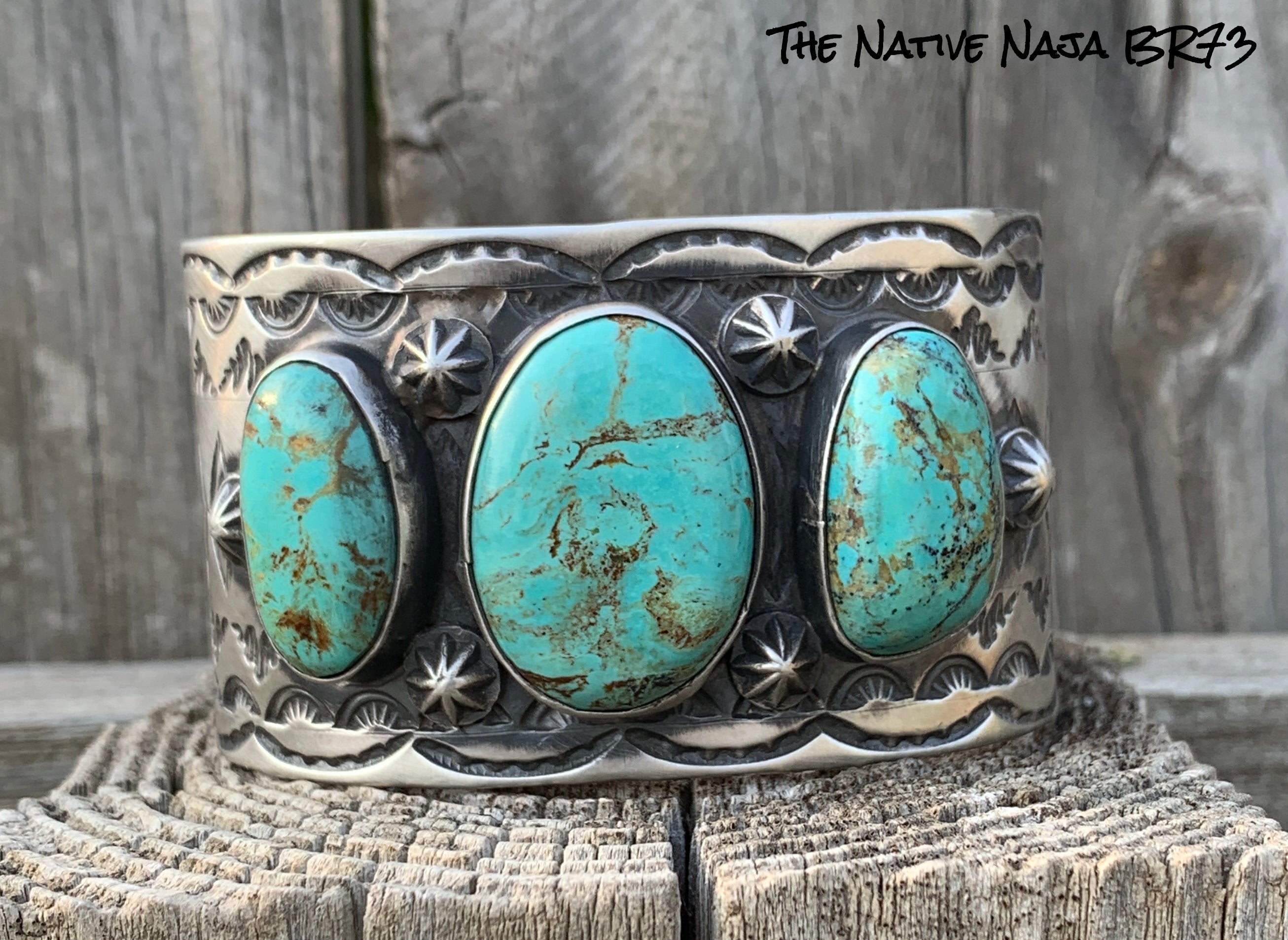 Navajo Chimney Butte LRG 3 Stone Turquoise & Sterling Silver Cuff Bracelet BR73