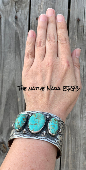 Navajo Chimney Butte LRG 3 Stone Turquoise & Sterling Silver Cuff Bracelet BR73