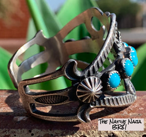 NM Navajo KB Billah Elegant Turquoise & Sterling Silver Sandcast Cuff Bracelet BR81