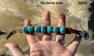 Navajo Signed Kingman Turquoise & Sterling Silver 7 Concho Brown Leather Buckle Bracelet BR94