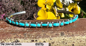Zuni Elvira Kiyite Dainty Sterling Silver & Kingman Turquoise Stackable Bracelet BR96