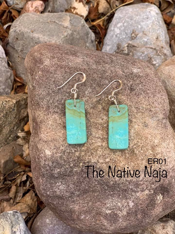 Navajo Sterling Silver & Genuine #8 Turquoise Slab Earrings ER01