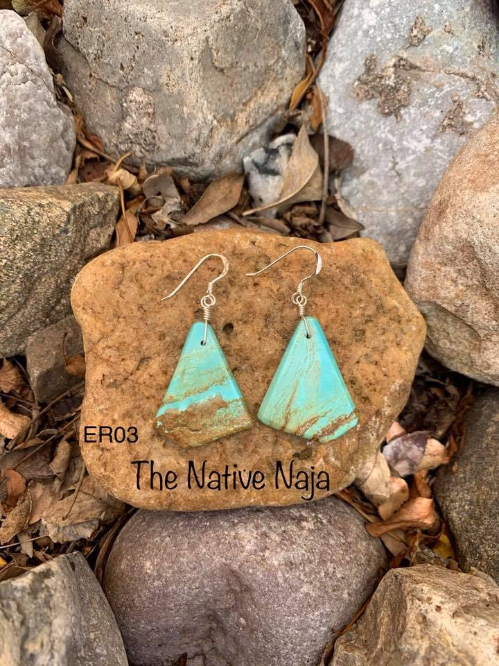 Navajo Sterling Silver & Genuine #8 Turquoise Slab Earrings ER03