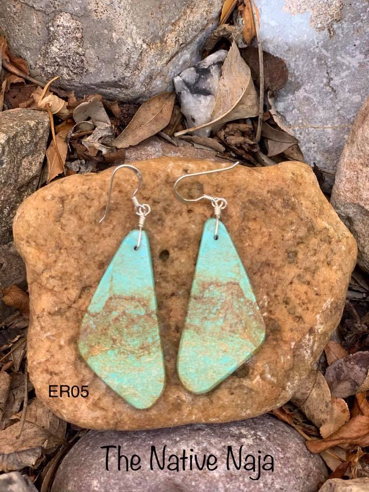 Navajo Sterling Silver & Genuine #8 Turquoise Slab Earrings ER05