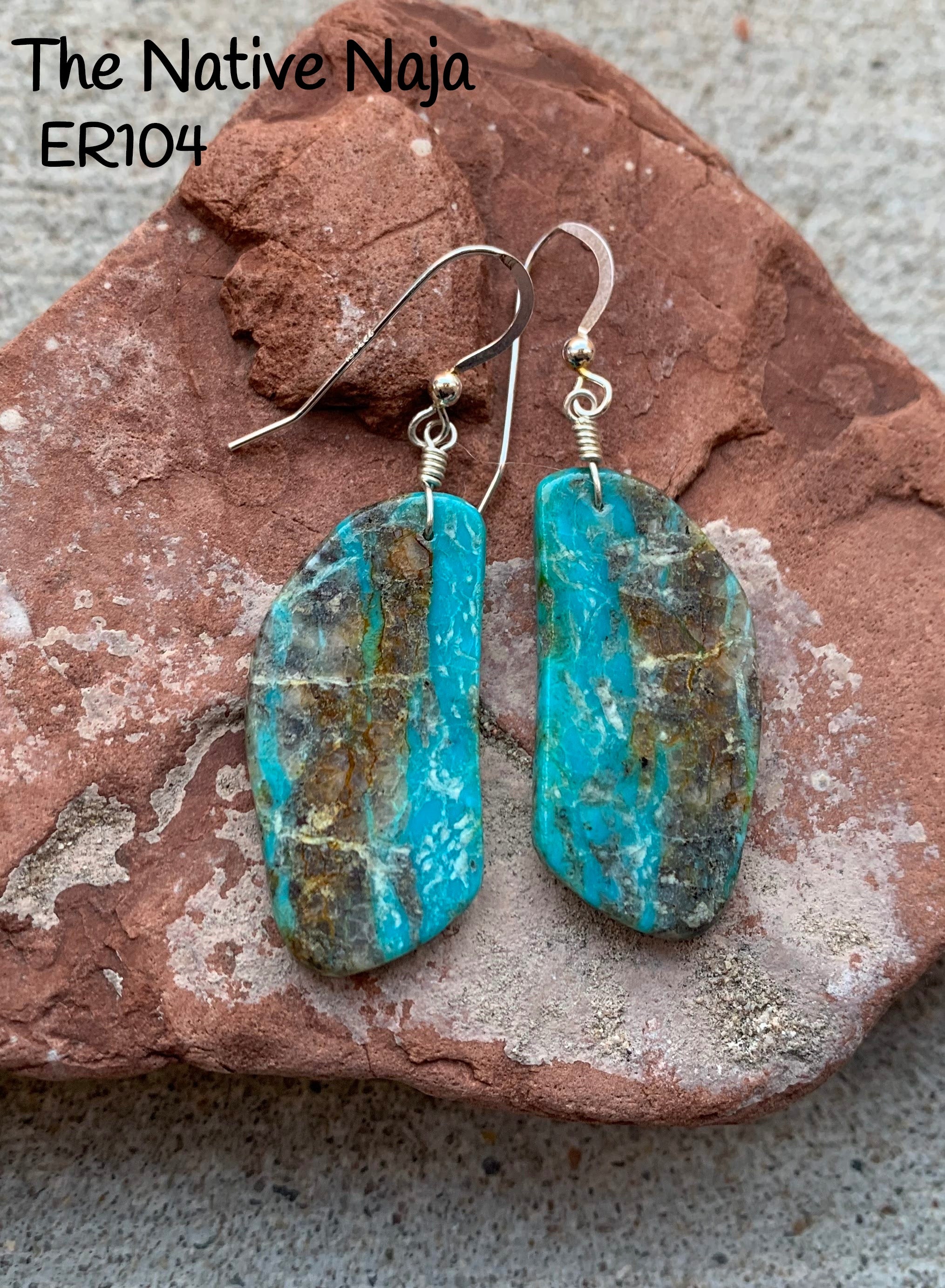 Navajo Sterling Silver & Genuine Kingman Turquoise French Hook Slab Earrings ER 104