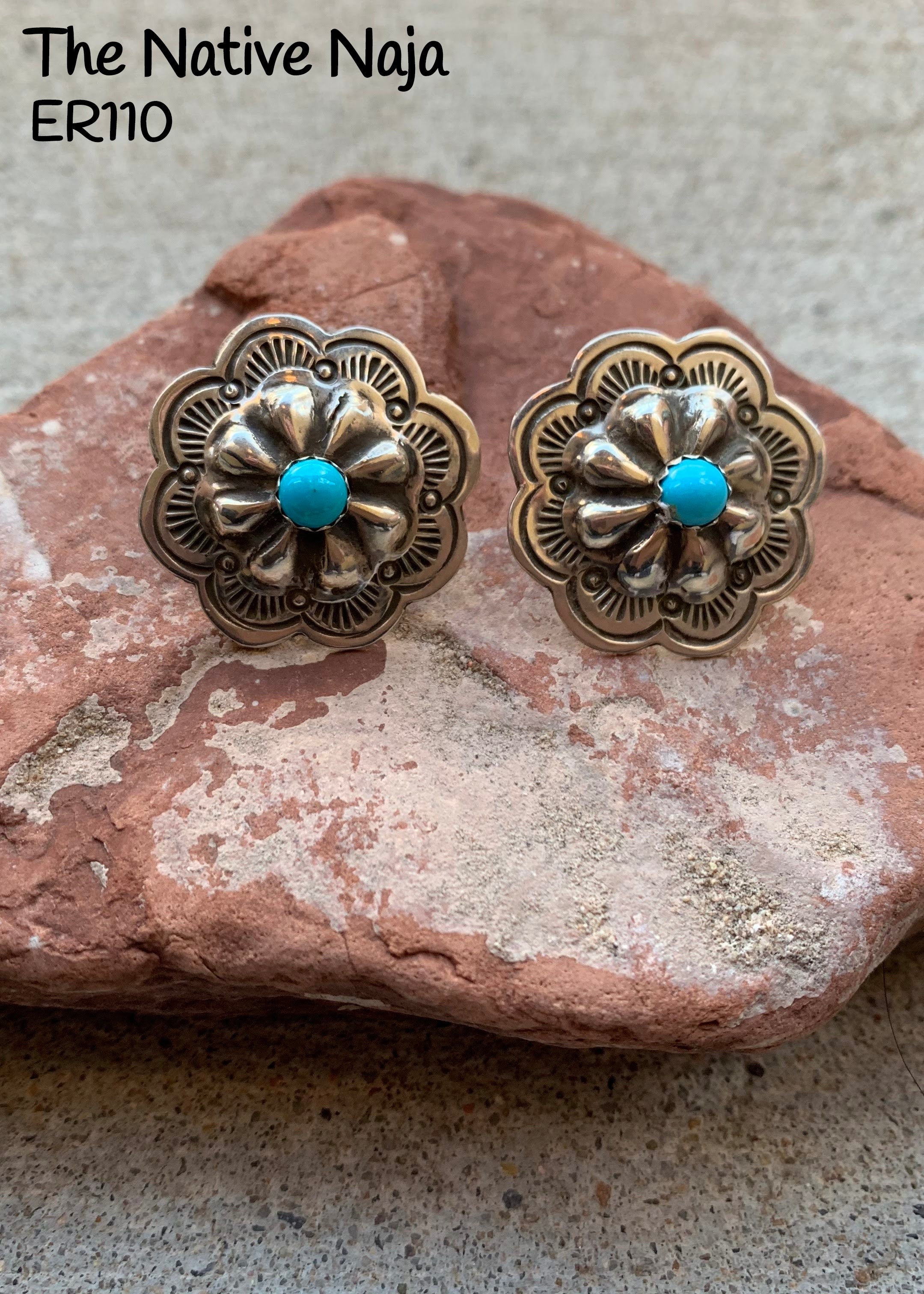Dainty Navajo Genuine Sterling Silver & Kingman Turquoise Concho Post Earrings ER110