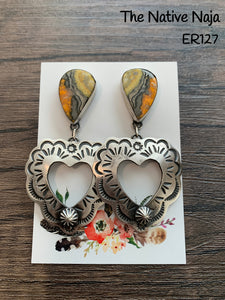Large Navajo Chimney Butte Sterling Silver & Bumblebee Heart Post Earrings ER127