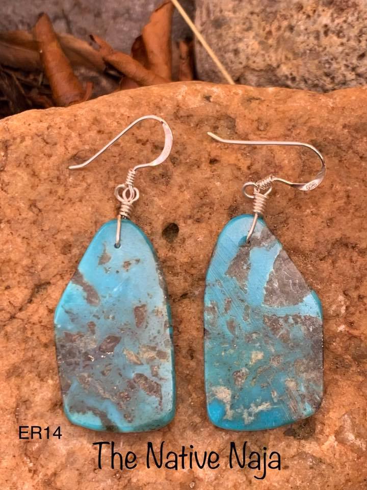 Navajo Sterling Silver & Genuine Kingman Turquoise Slab Earrings ER14