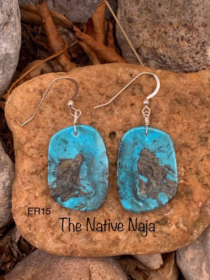 Navajo Sterling Silver & Genuine Kingman Turquoise Slab Earrings ER15