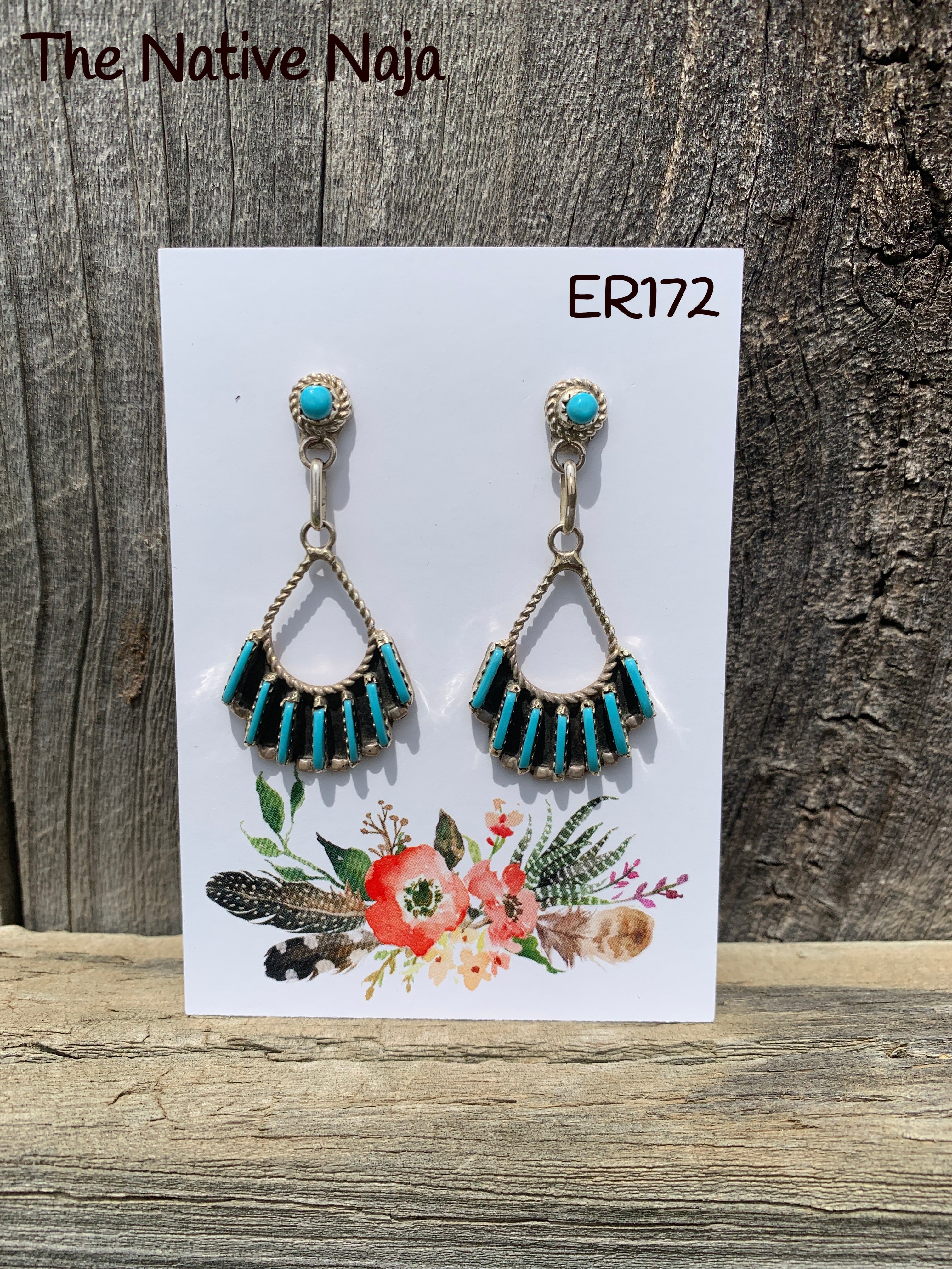 Zuni Signed Petit Point Sterling Silver & Turquoise Chandelier Post Earrings ER172