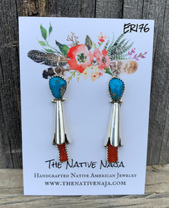 Navajo Roger Pino Sterling Silver & Turquoise/Coral Squash Blossom French Hook Earrings ER176
