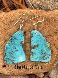 Navajo Genuine Sterling Silver & Kingman Turquoise French Hook Slab Earrings ER17