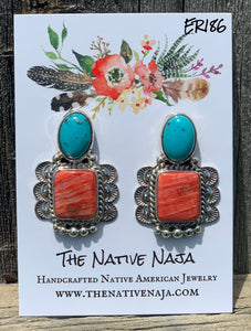 Navajo Jeff Largo Sterling Silver Turquoise & Spiny Oyster Post Earrings ER186