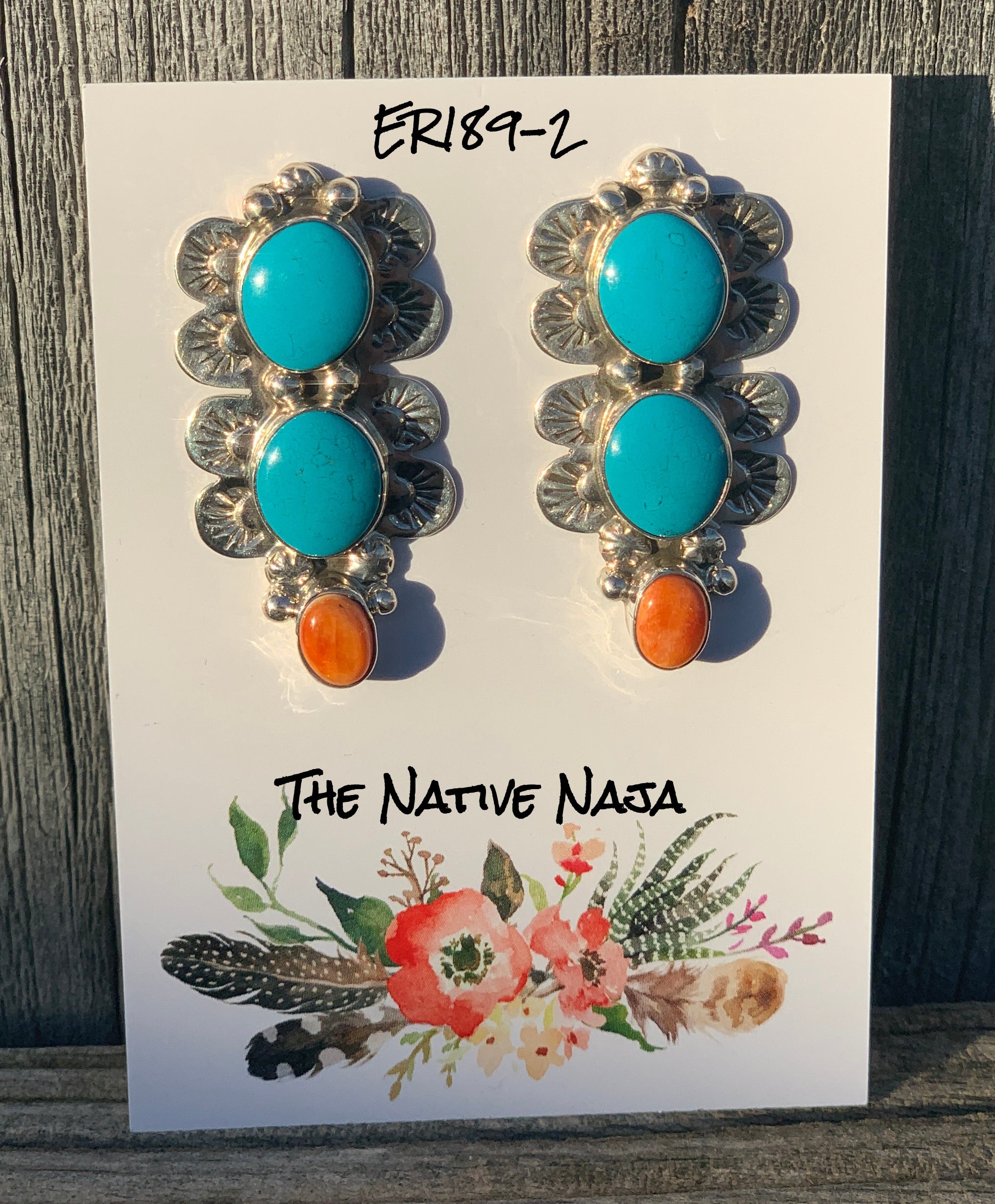 Navajo Jeff Largo Genuine Sterling Silver & Sonoran Beauty Turquoise & Spiny Oyster Post Earrings ER189-2