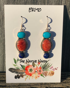 Navajo Milton Lee Genuine Sterling Silver & Sonoran Beauty Turquoise & Lapis French Hook Earrings ER190