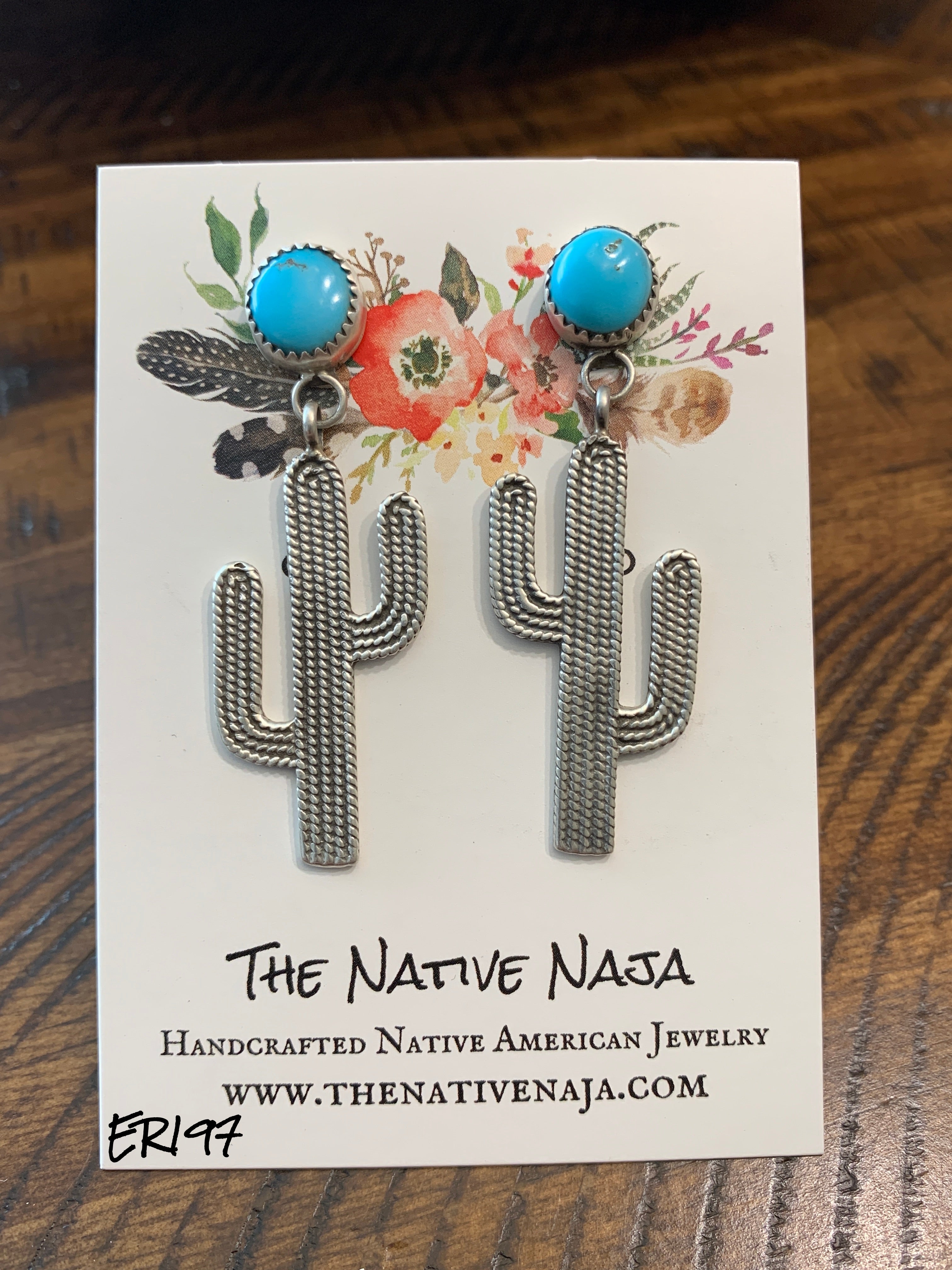 Navajo Verley Betone Sterling Silver & Turquoise Cactus Post Earrings ER197
