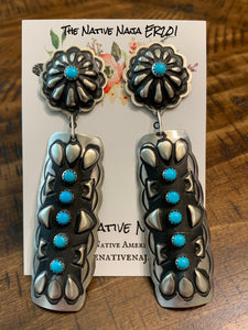 Stunning Navajo LeAnder Tahe Sterling Silver & Turquoise Concho Dangle Post Earrings ER201