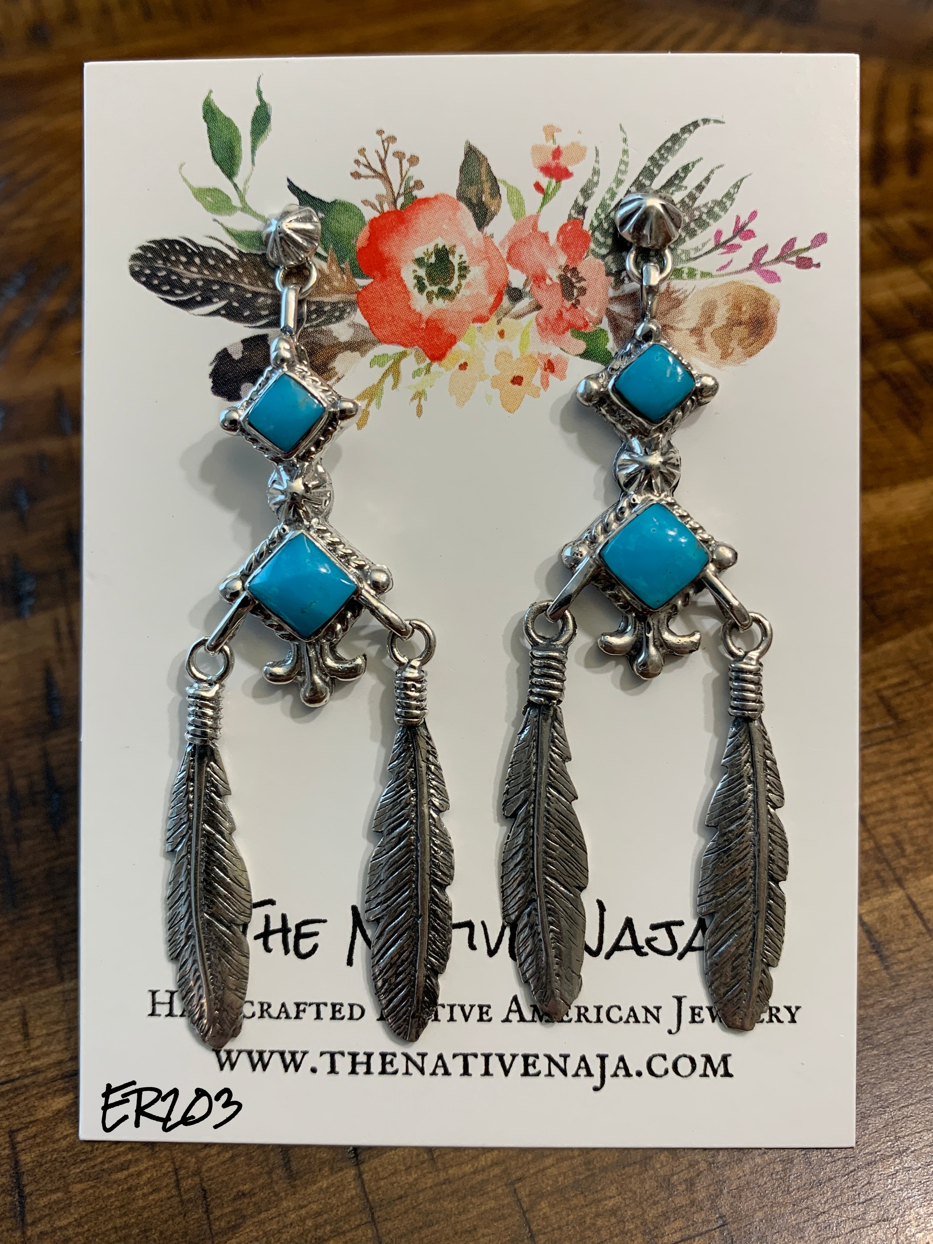 Navajo Annie Spencer Sterling & Turquoise Chandelier Feather Earrings ER203
