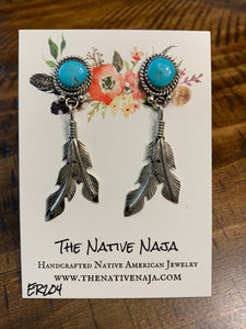 Navajo Annie Spencer Sterling & Turquoise Dangling Feather Post Earrings ER204