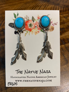 Navajo Annie Spencer Sterling & Turquoise Dangling Feather Post Earrings ER205