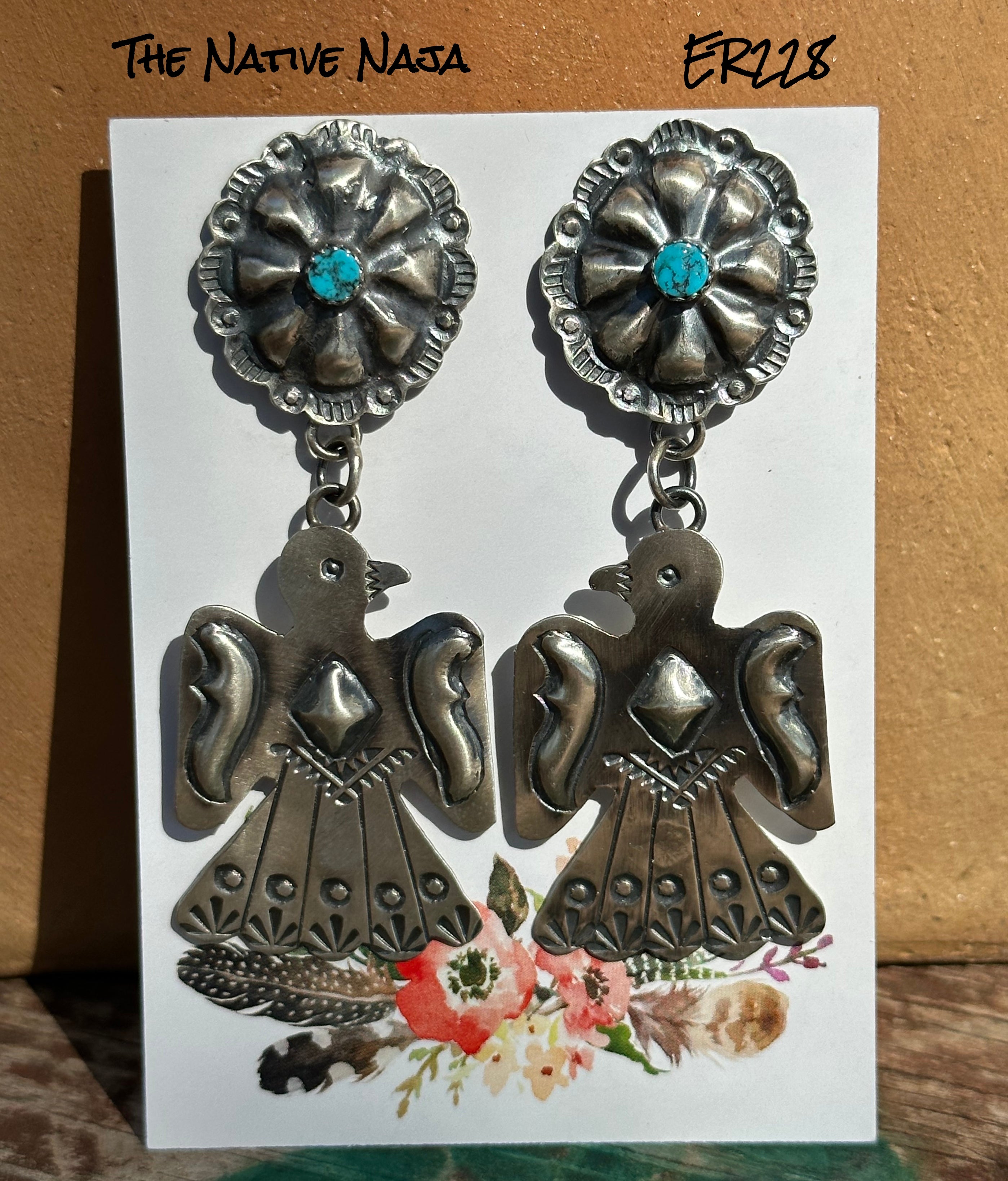 Navajo Tim Yazzie Sterling Silver & Turquoise Concho Thunderbird Earrings ER228