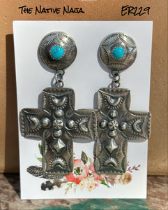 Navajo Tim Yazzie Sterling Silver & Turquoise Large Concho Cross Earrings ER229