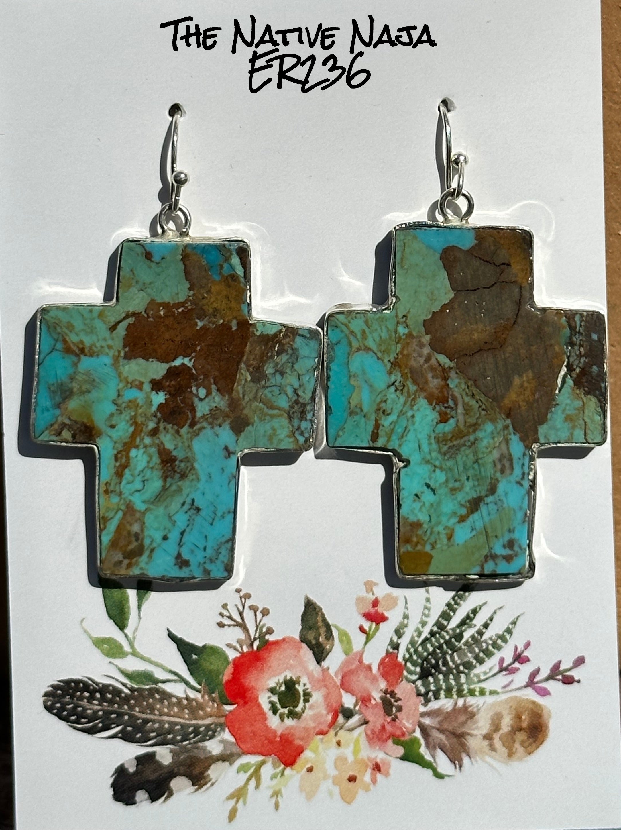 Navajo Veronica Tortalita Wrapped Silver Composite Turquoise Cross French Hook Earrings ER236