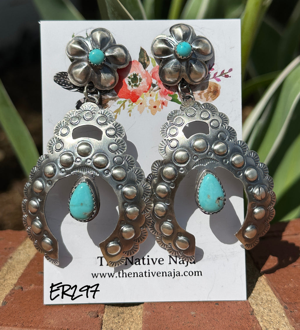 Navajo Gabrielle Yazzie Kingman Turquoise & Sterling Silver Floral Post Naja Earrings ER297
