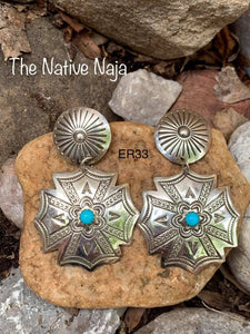Navajo Sterling Silver & Genuine Turquoise Concho Earrings ER33