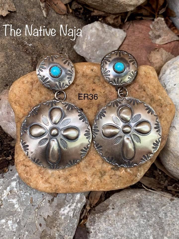Navajo Sterling Silver & Genuine Turquoise Flower Concho Earrings ER36