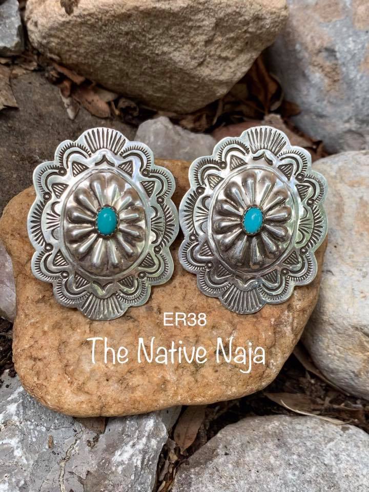 Navajo Sterling Silver & Genuine Turquoise Concho Earrings ER38