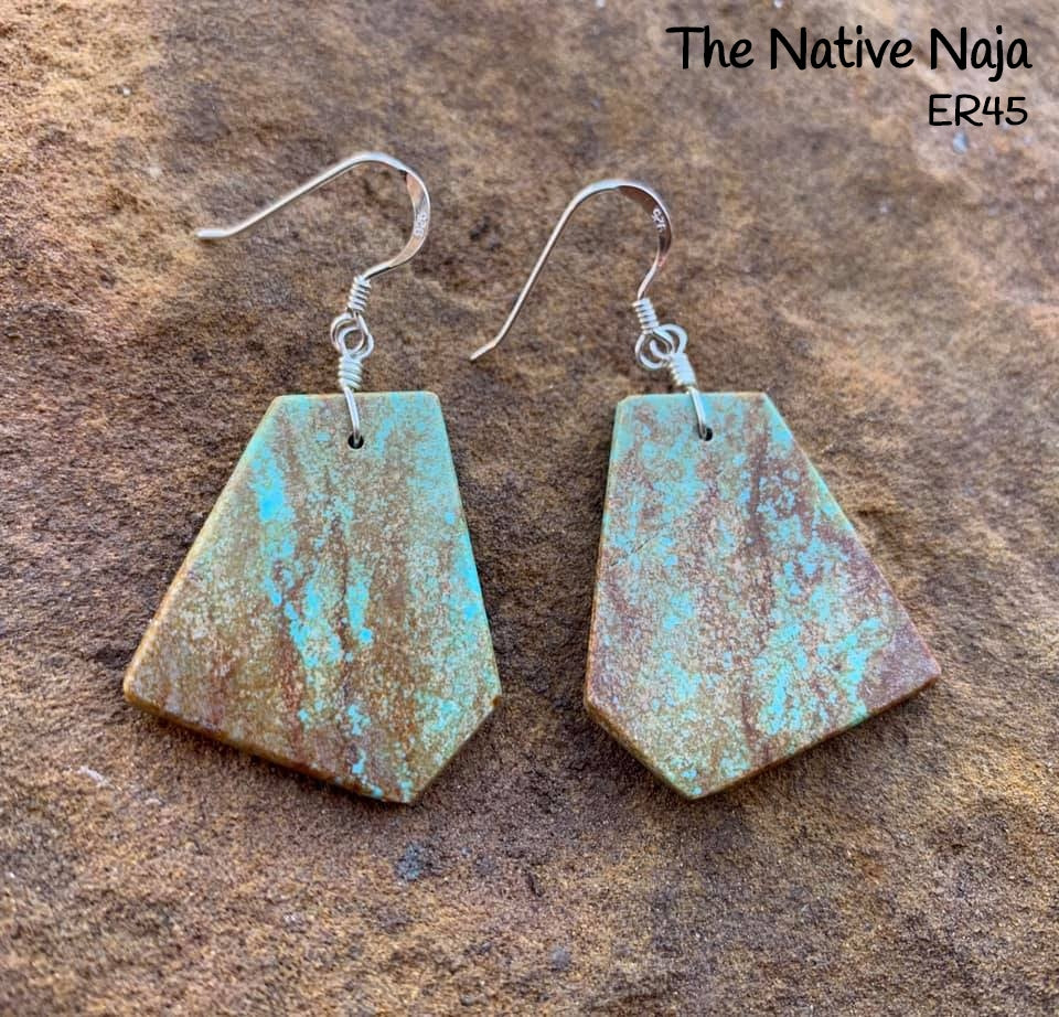Navajo Genuine Sterling Silver & Mine #8 Turquoise French Hook Slab Earrings ER45