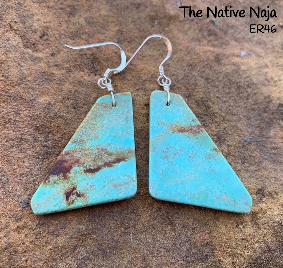 Navajo Genuine Sterling Silver & Mine #8 Turquoise French Hook Slab Earrings ER46