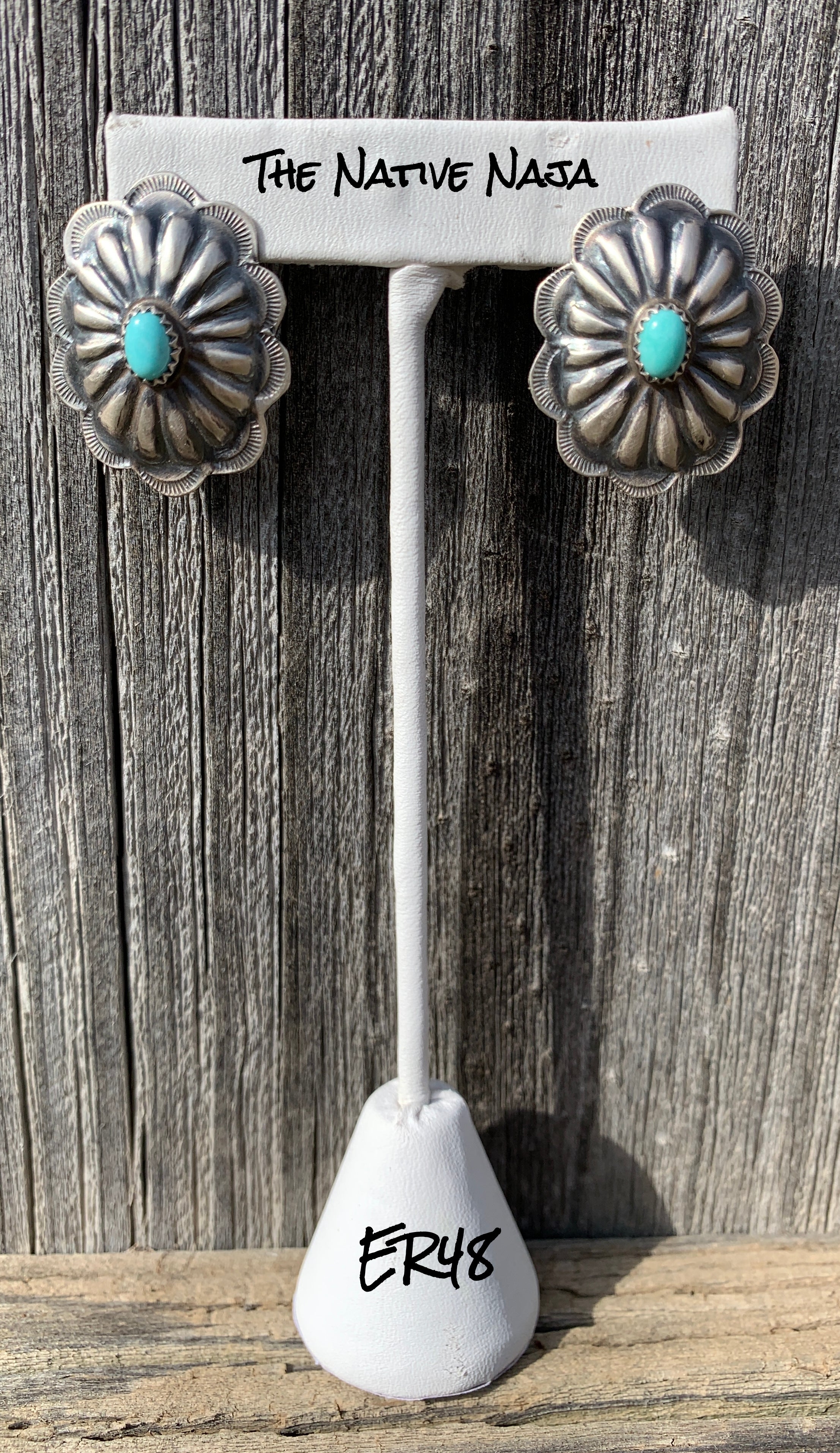 Navajo Signed Genuine Sterling Silver & Kingman Turquoise Concho Post Earrings ER48