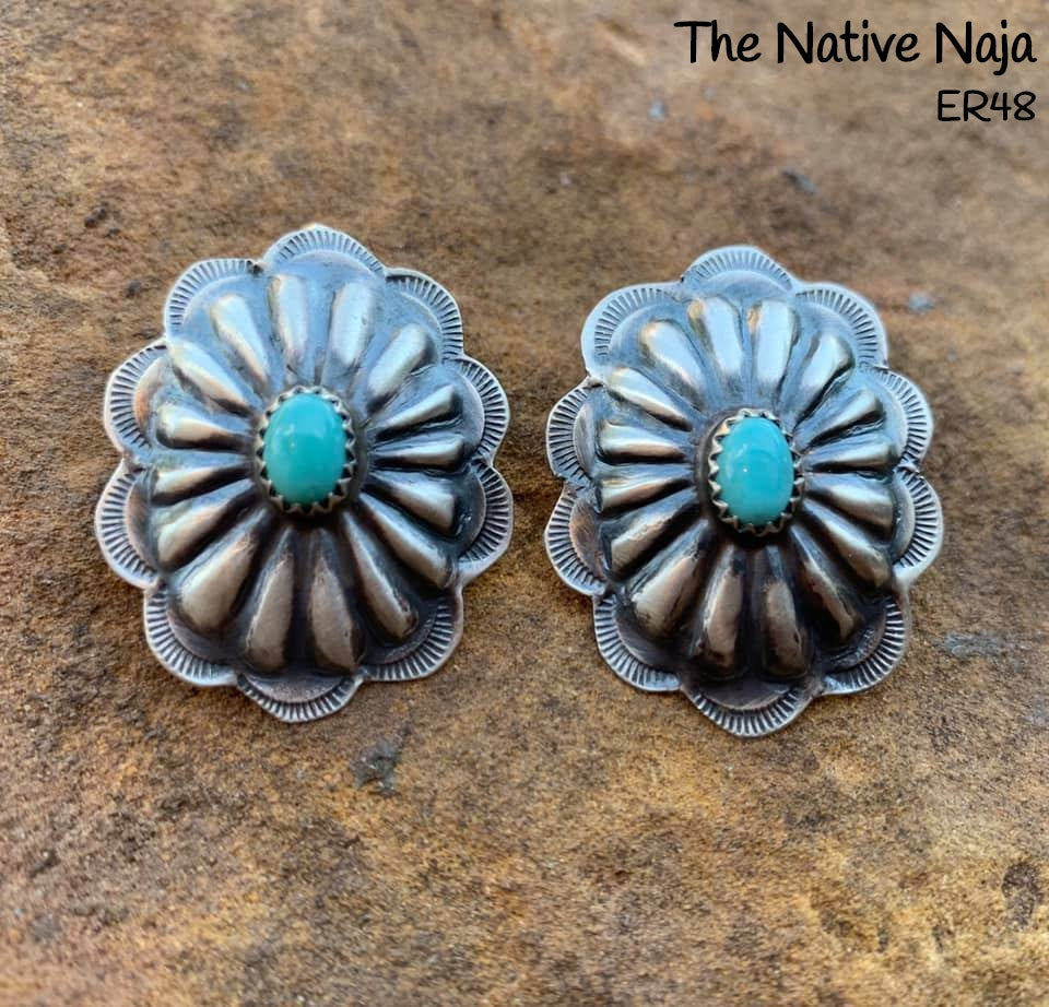 Navajo Signed Genuine Sterling Silver & Kingman Turquoise Concho Post Earrings ER48