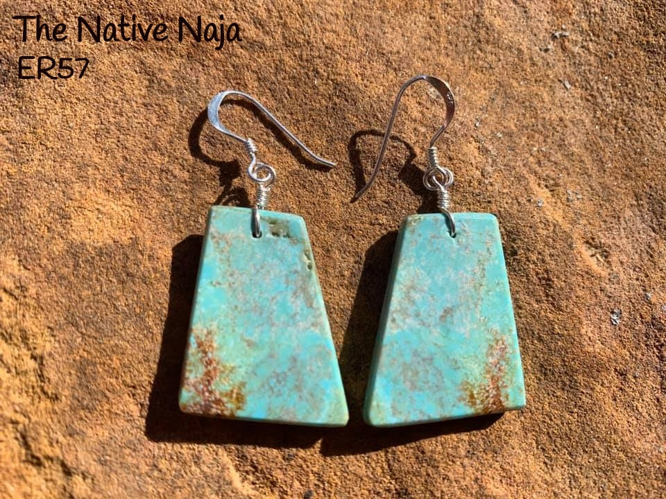 Navajo Genuine Sterling Silver & Mine #8 Turquoise French Hook Slab Earrings ER57