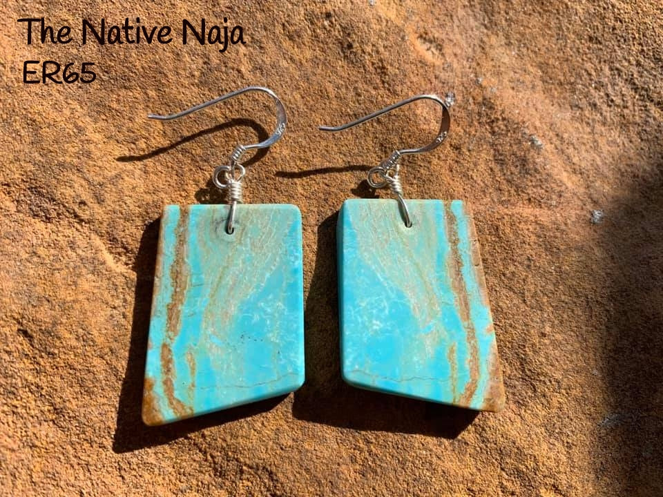 Navajo Sterling Silver & Genuine #8 Turquoise French Hook Slab Earrings ER65