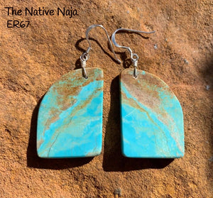 Navajo Sterling Silver & Genuine #8 Turquoise French Hook Slab Earrings ER67