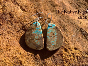 Navajo Sterling Silver & Genuine #8 Turquoise French Hook Slab Earrings ER68