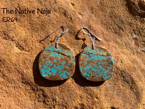 Navajo Sterling Silver & Genuine #8 Turquoise French Hook Slab Earrings ER69